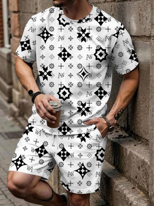 item picture high end summer clothing mens 3d casual t shirt set with digital printing round neck loose short sleeved set sports set