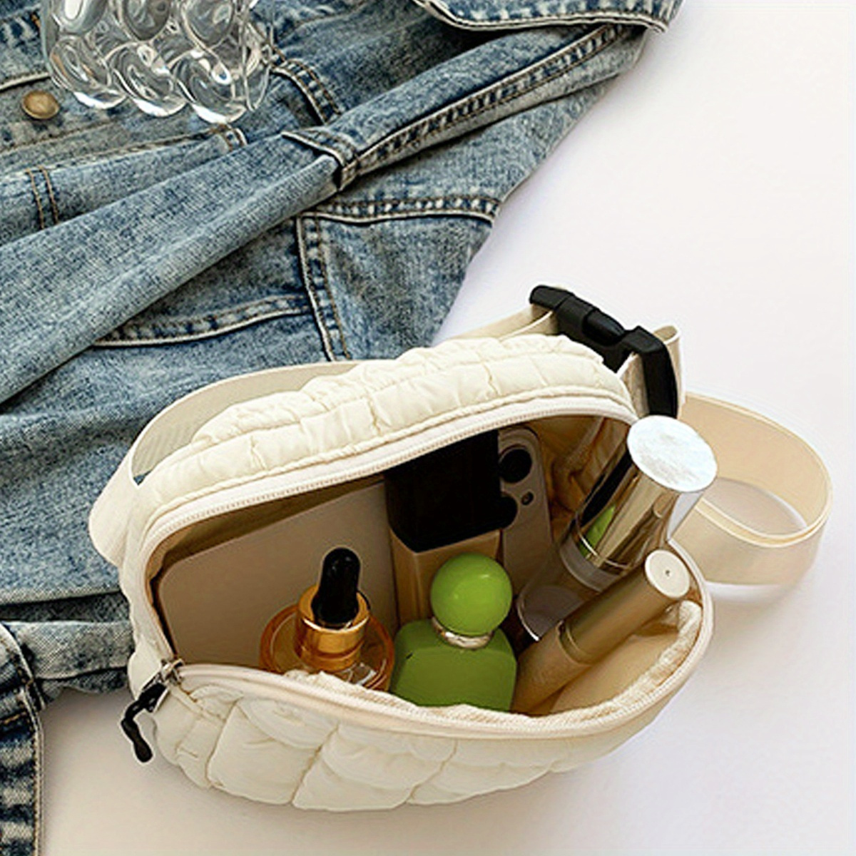 dopamine pleated cloud bag crossbody bag elegant quilted puffer clutch chic solid color lightweight warm with zip closure for women puffer quilted fanny pack crossbody sling bag purse women puffer belt bag quilted chest bag puffy waist bag details 6