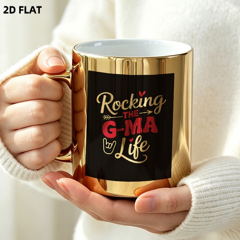 품목 사진 신기한 세라믹 커피 머그, 재미있는 그래픽이 있는 2d 평면 인쇄 rocking the g-ma life 디자인, 11oz 용량, 전기 도금 금색 머그받이, 데일리 주방 및 가정용으로 완벽한 캐주얼 음료 용품