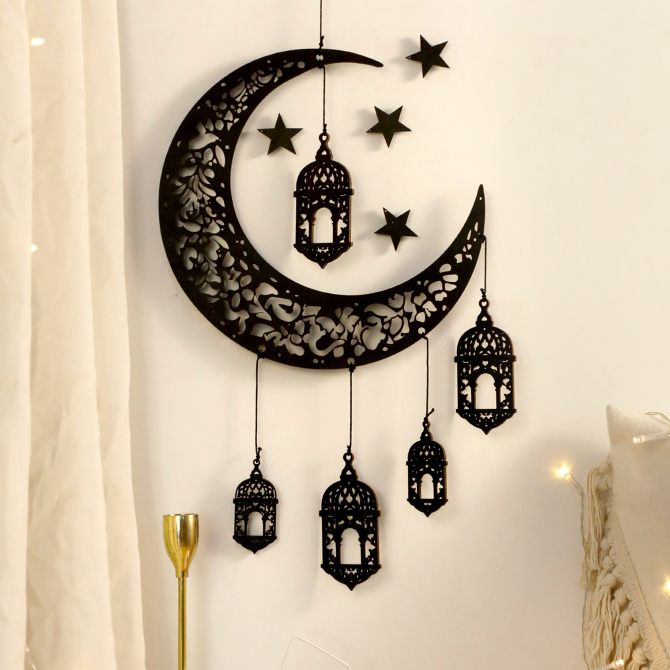 

1pc/6pcs/10pcs Ramadan Étoiles et Noires en Bois à Suspendre, Étoiles et Eid à Suspendre Creux, Islamique, , Musulman, Décorations de Fête de l'Aïd