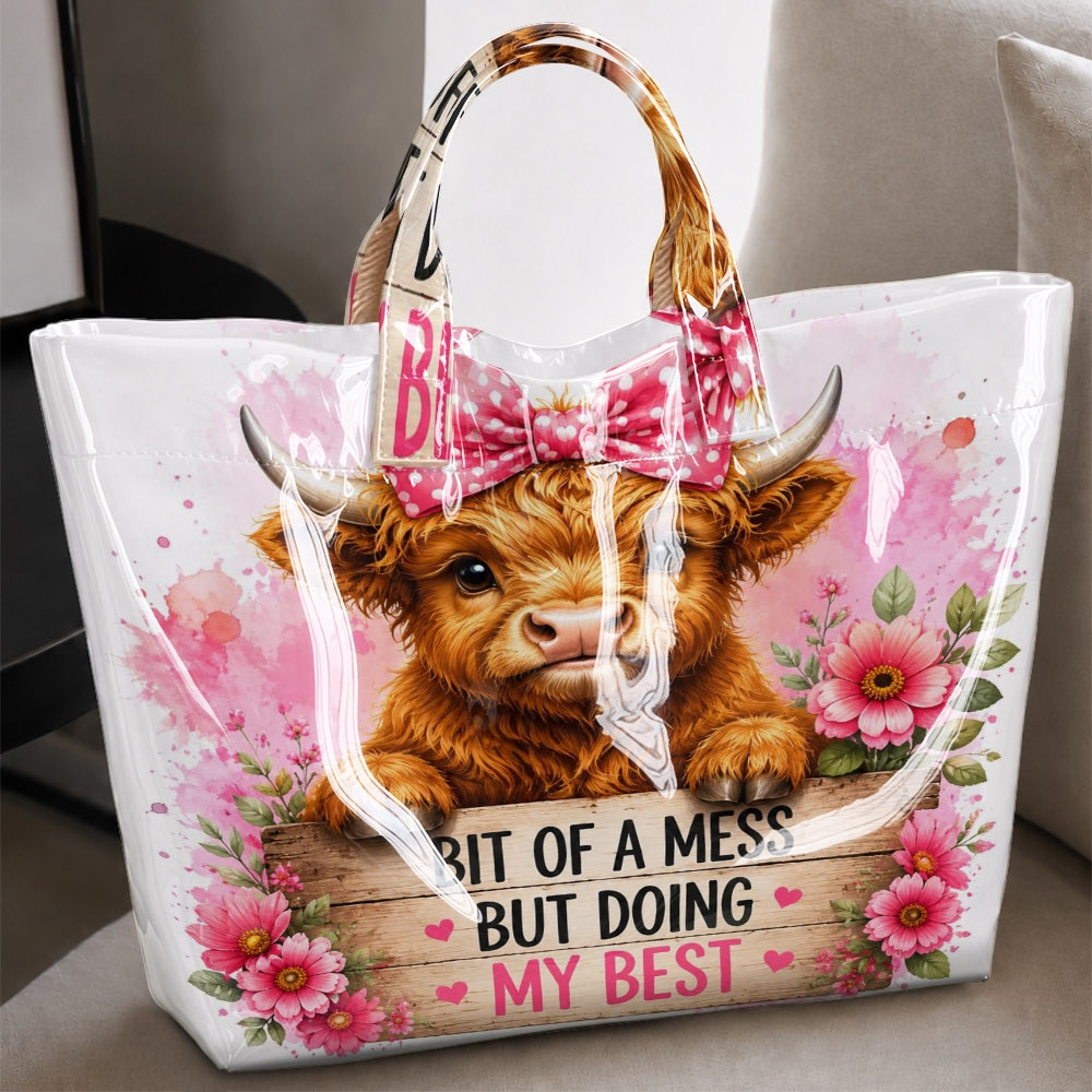 Image of Tote Bag Featuring A Pink Bow, Calf Motif, And Inspirational Text; A Sweet, Farmhouse-style Handbag With A Spacious Interior-perfect For Daily Commuting, Shopping, Gifting, And Casual