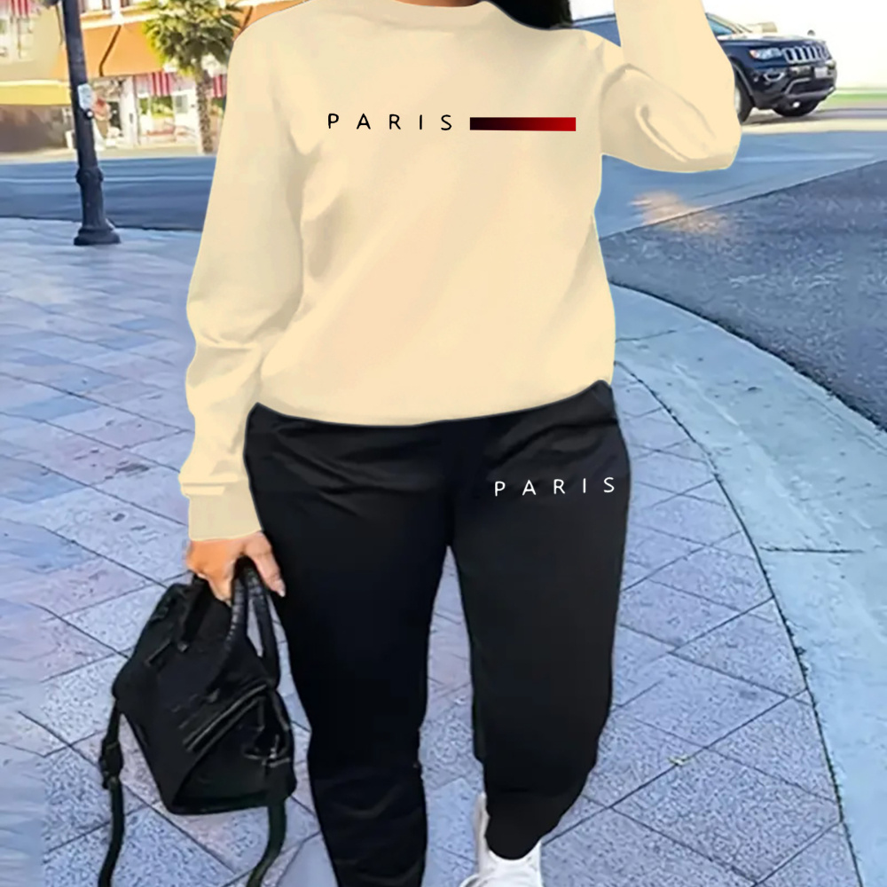 

Women's Casual Tracksuit Set, Fashionable Paris Letter Print Long Sleeve Sweatshirt & Joggers Pants Outfit