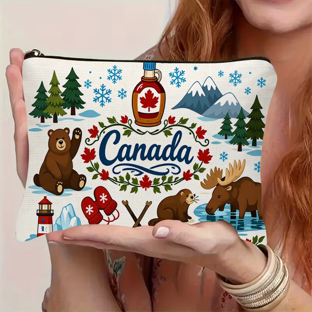 TEMU 1 trousse de Cosmétique 2D à imprimé plat sur le thème du Canada, pochette de Cosmétique durable en polyester avec des imprimés double face de