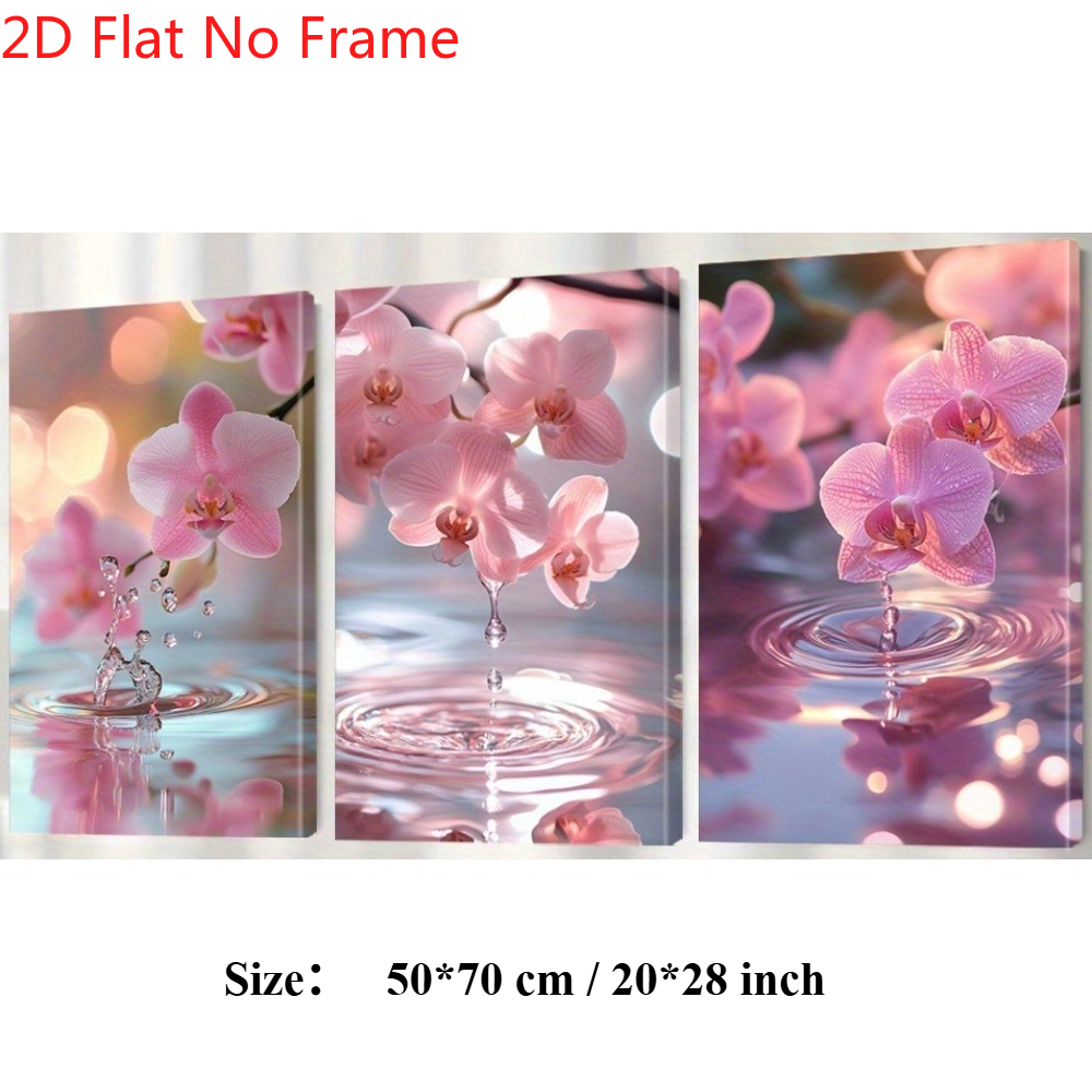 TEMU 2d Flat, 3pcs Frameless 2dflat Elegant Orchid And Gentle Raindrops Art Decor Canvas Painting, Stylish Wall Art Decor, Suitable For Indoor/home
