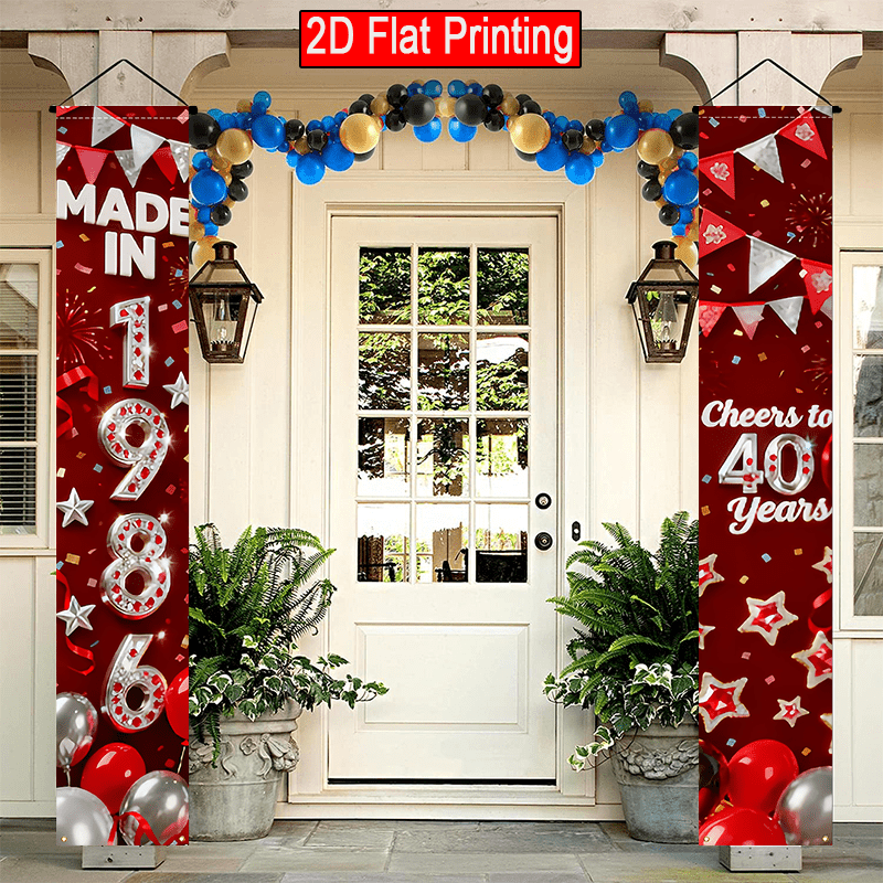 TEMU 2d Flat, 2d Flat 2pcs Happy 40th Birthday Party Porch Banner Red Silvery With Ribbon 1986-2026 Celebrating 40th Birthday Theme Design Banner