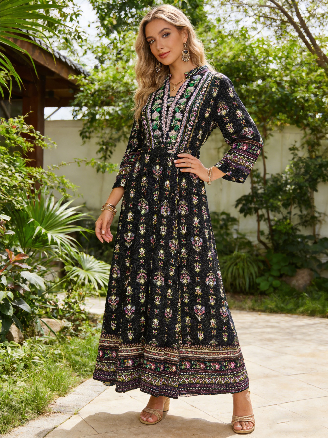 indian embroidered maxi dress Embroidered Strapless Flared Ethnic Maxi Dress With Dupatta XL / Green main image 0