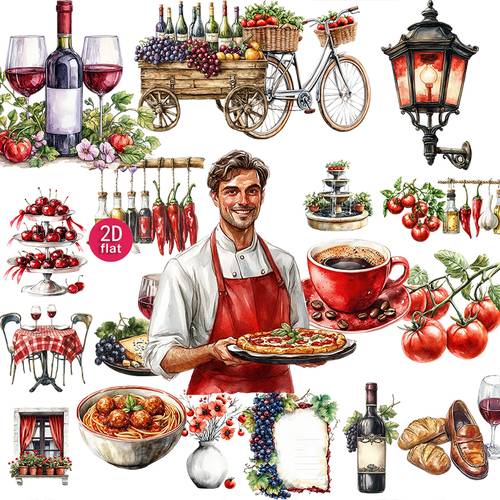 öğe resmi 2d düz 20li vintage i̇talyan yemek etiketleri, suluboya mutfak şarap domates manzarası ing çıkartmaları, yaratıcı avrupa tarzı dekoratif etiketler, günlük, el kitapları, defter, , günlükler, fotoğraf albümleri, kesim için