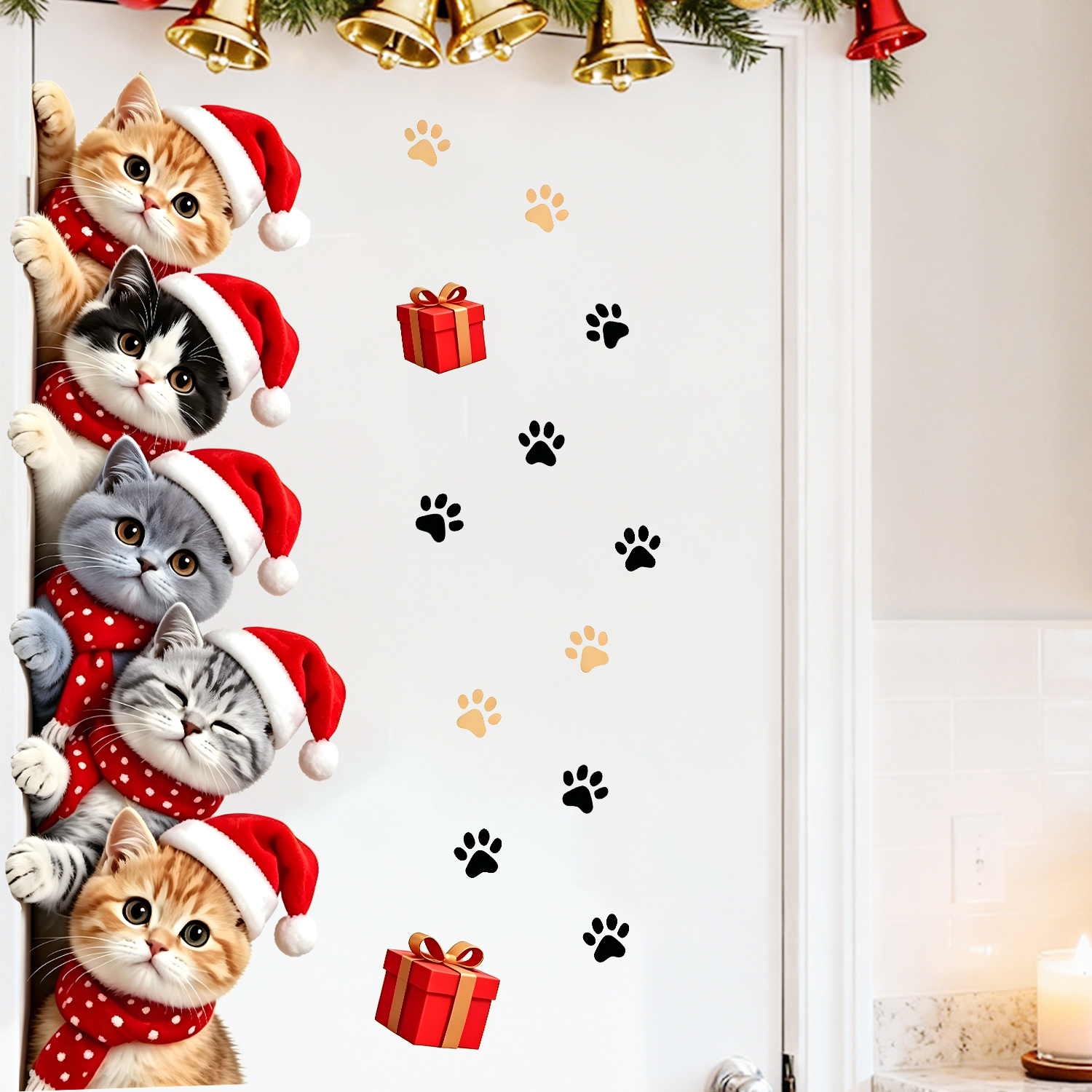 TEMU 1 pièce Autocollant mural décoratif de Noël avec chaton qui , Chat avec et d'empreintes de pattes, Autocollant de porte décoratif animal ,