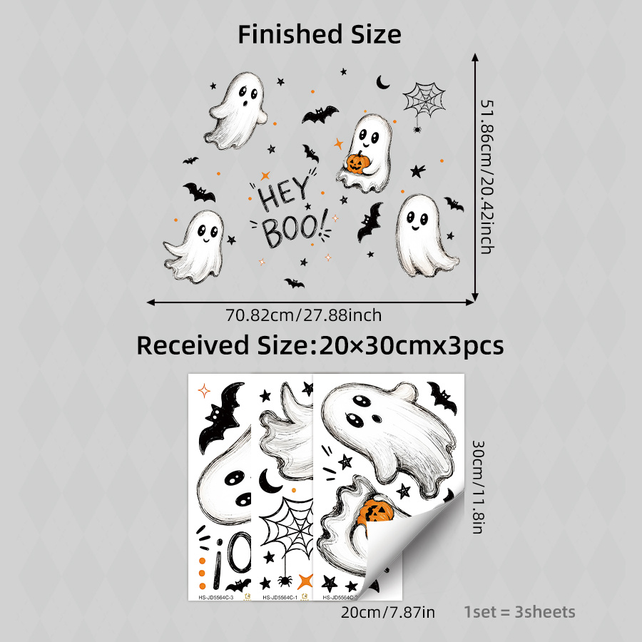 Image of 3pcs Halloween Window Decals Stickers, Static Cling , Bats, Pumpkin, "hey Boo!" Web, Stars, Reusable Fall Decor For Home, Party, Window, Glass, Door