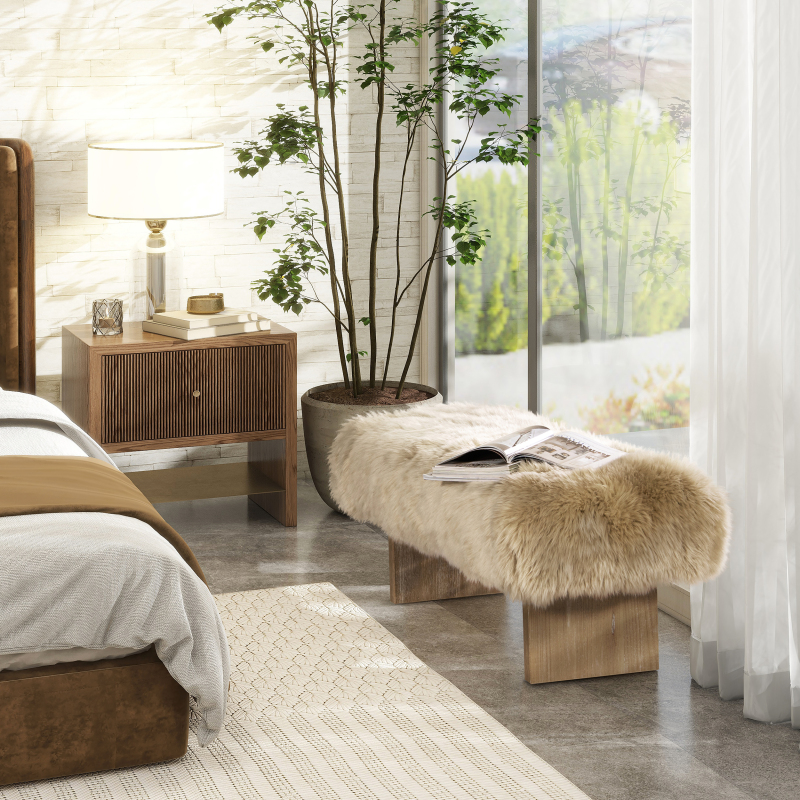 Leda 49' Retro Natural Blonde Sheepskin Fur Bench - Genuine Fur Rectangular Accent Suitable for, Entryway,, Minimalist Scandinavian & Decor, Furniture