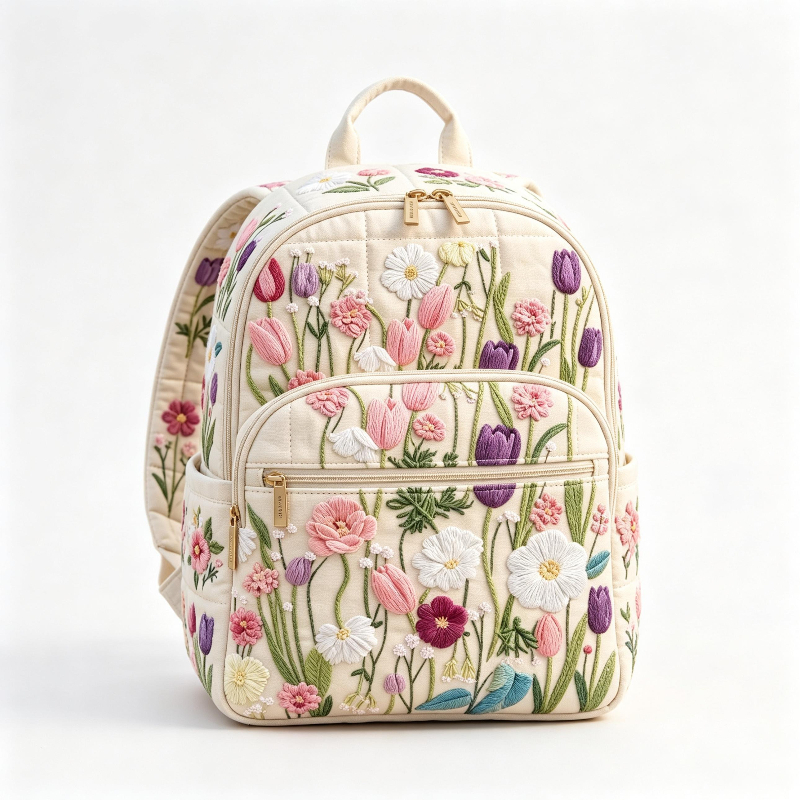 French Style 3d Floral Quilted Backpack With Tulip & Daisy Embroidery - Multicolor Suitable For School, Travel, Commuting, Gift For, Zipper Closure, Bookbag For School Supplies And Daily