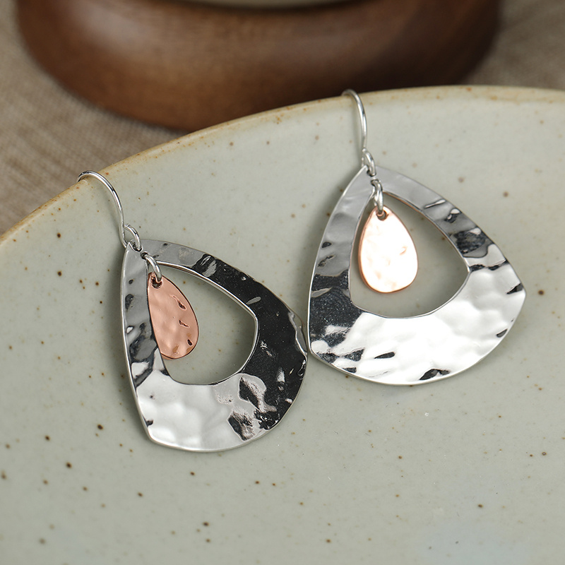 Women's Hammered Teardrop Dangle Earrings, Two-Tone Silvery & Rose Gold