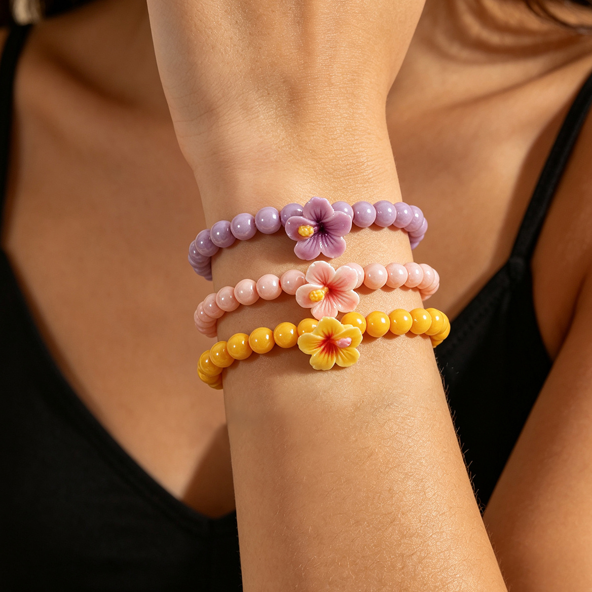 6pc Elegant Bohemian Resin Flower Bracelet Set