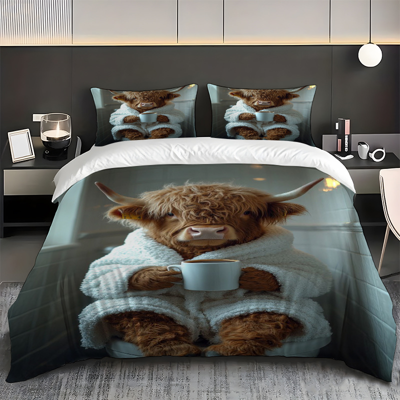 TEMU 2/3pcs Highland Cow Wearing Bathrobe Drinking Coffee Toilet Print Duvet Cover Set, Set Includes Duvet Cover And Pillowcase - Great For Bedroom,