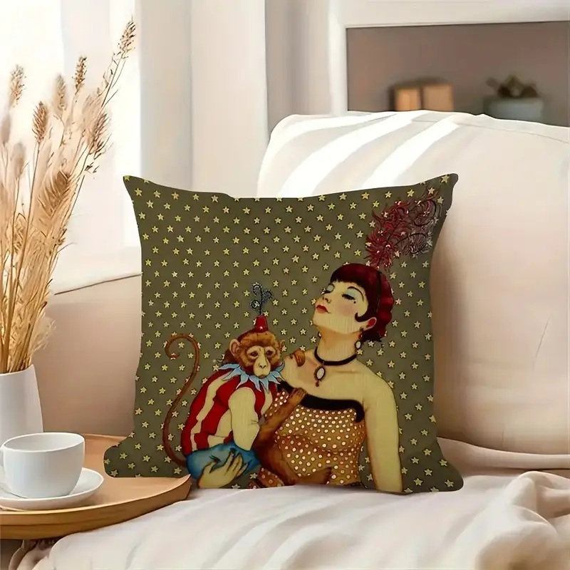 1pc retro style abstract animal print plush pillowcase, double-sided design, hand wash only, zipper closure, polyester fiber, bedroom, sofa, living room, car decorative cushion cover- 18x18 inches(no insert), decorative pillow, elegant woman & monkey portrait , -century decor Product details 6