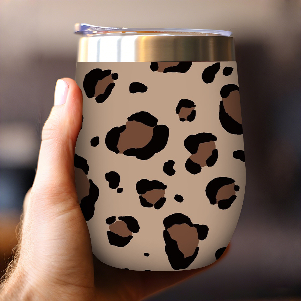 Image of Leopard Print 12 Ounce Stainless Steel Insulated Water Cup Leak Proof, Reusable Eggshell Design, Suitable For Coffee, Wine And Cocktails Perfect For Home And Outdoor Use