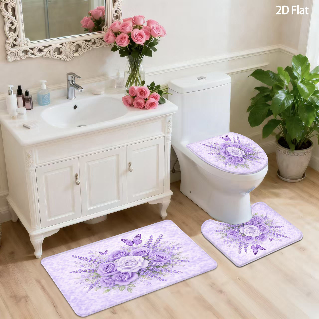TEMU 2d Flat, 3/4pcs Non-slip Bath Rug Suitable For Shower, Bathtub & Toilet - Thickened Quick-dry Soft Carpet With Lavender , Machine Washable Floor