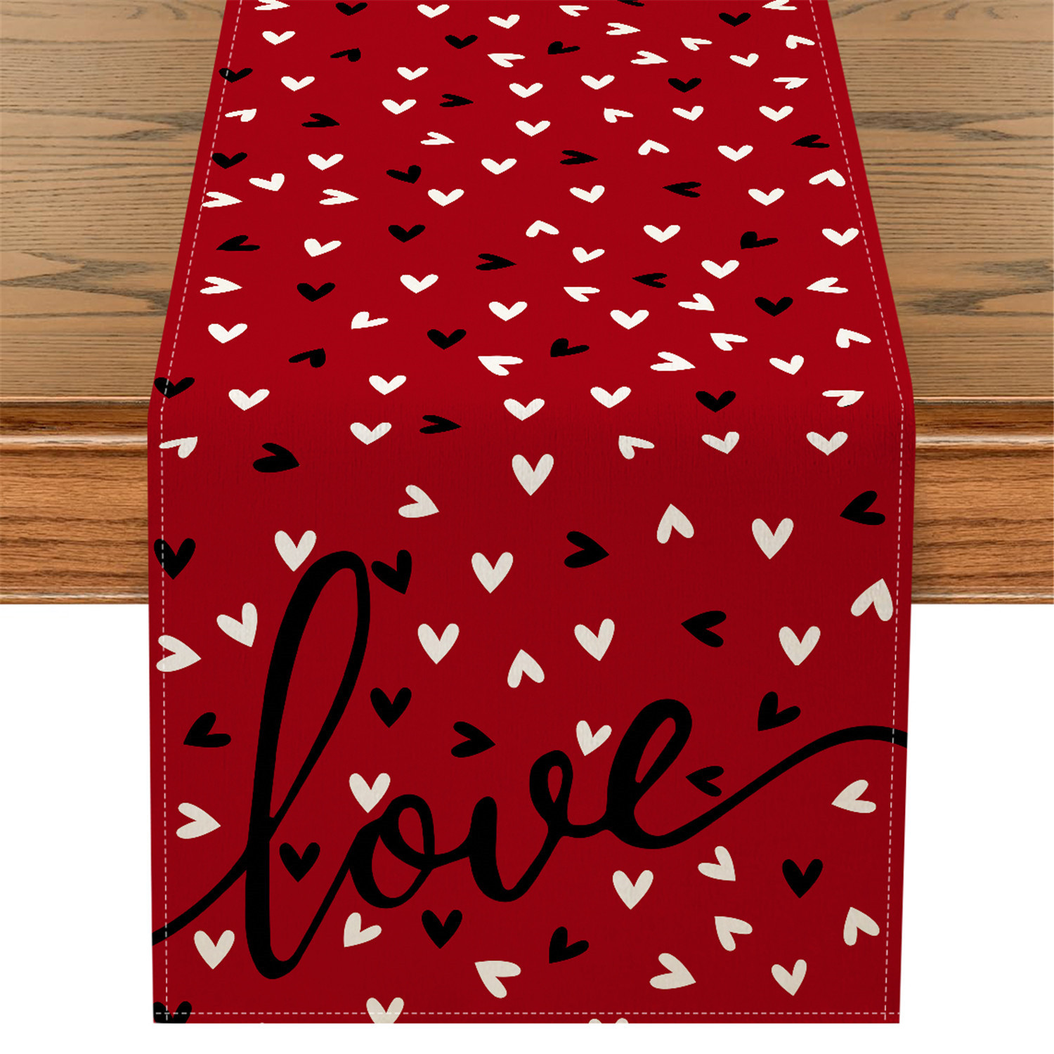 

1pc Valentine's Day Polyester Table Runner - Woven Rectangular Dining Decor With Black Hearts Design For Home Party Decoration