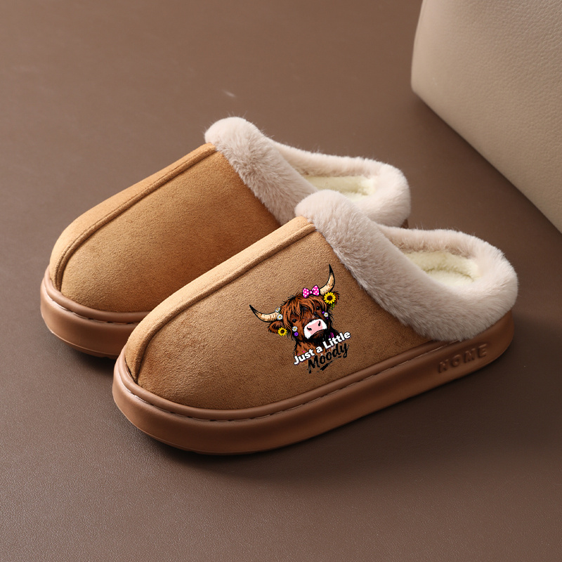 TEMU Women's Indoor Slippers Watercolor Highland Cow Print - Warm Breathable Non-slip Silent Outdoor Slippers, Plus Size Women Winter Home Slippers,