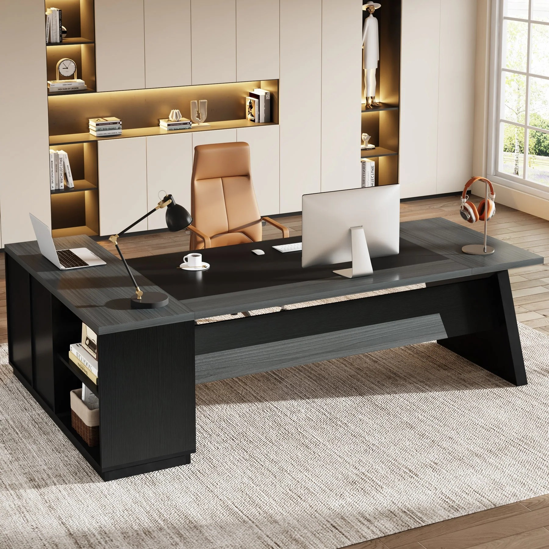 78" Large L-Shaped Executive Desk with 3 Drawers & File Cabinet