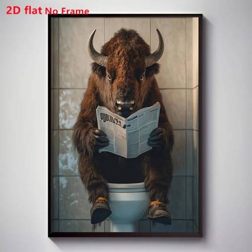 imagen del artículo póster 2d , 1 pieza, de divertido en el inodoro leyendo el periódico, sin - póster moderno y humorístico para baño, para decoración y , adhesivo de y pegar, minimalista, para regalo de decoración de habitaciones, póster