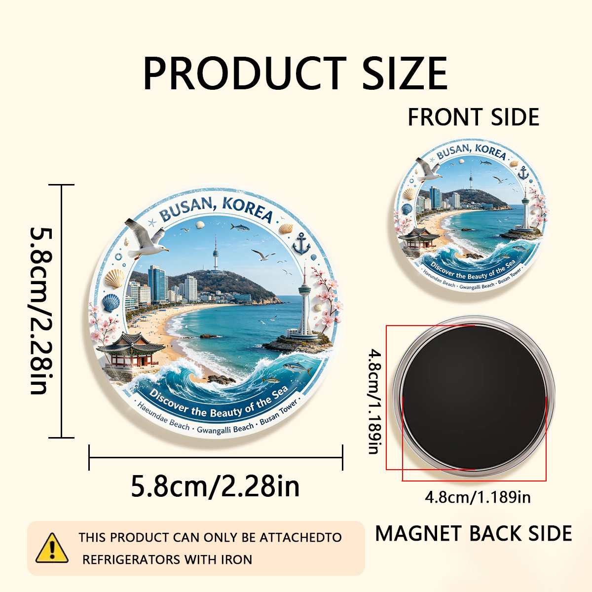 TEMU 1 aimant de réfrigérateur rond et durable 2D plat BUSAN, CORÉE, adapté pour s' aux réfrigérateurs, aux tableaux , aux manuels, aux photos, aux