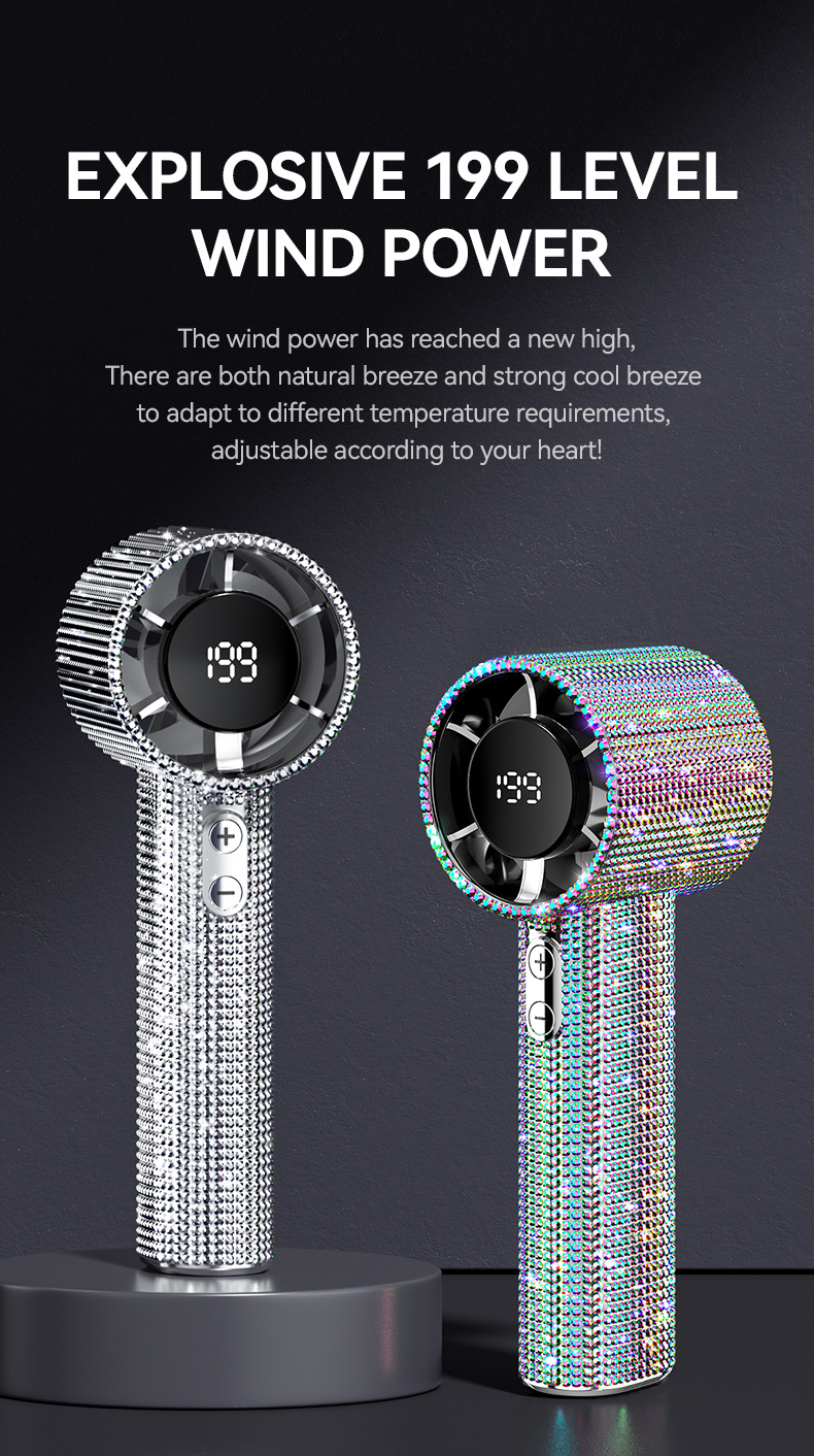 Diamond-Style Handheld Fan, Portable Hand Fan, Adorned with Sparkling Faux Diamonds, High-Speed Fan with 199 Adjustable Speed Settings, Featuring a Digital Display, USB Rechargeable, Exquisite Long-Lasting Battery Life, Available in Two Colors