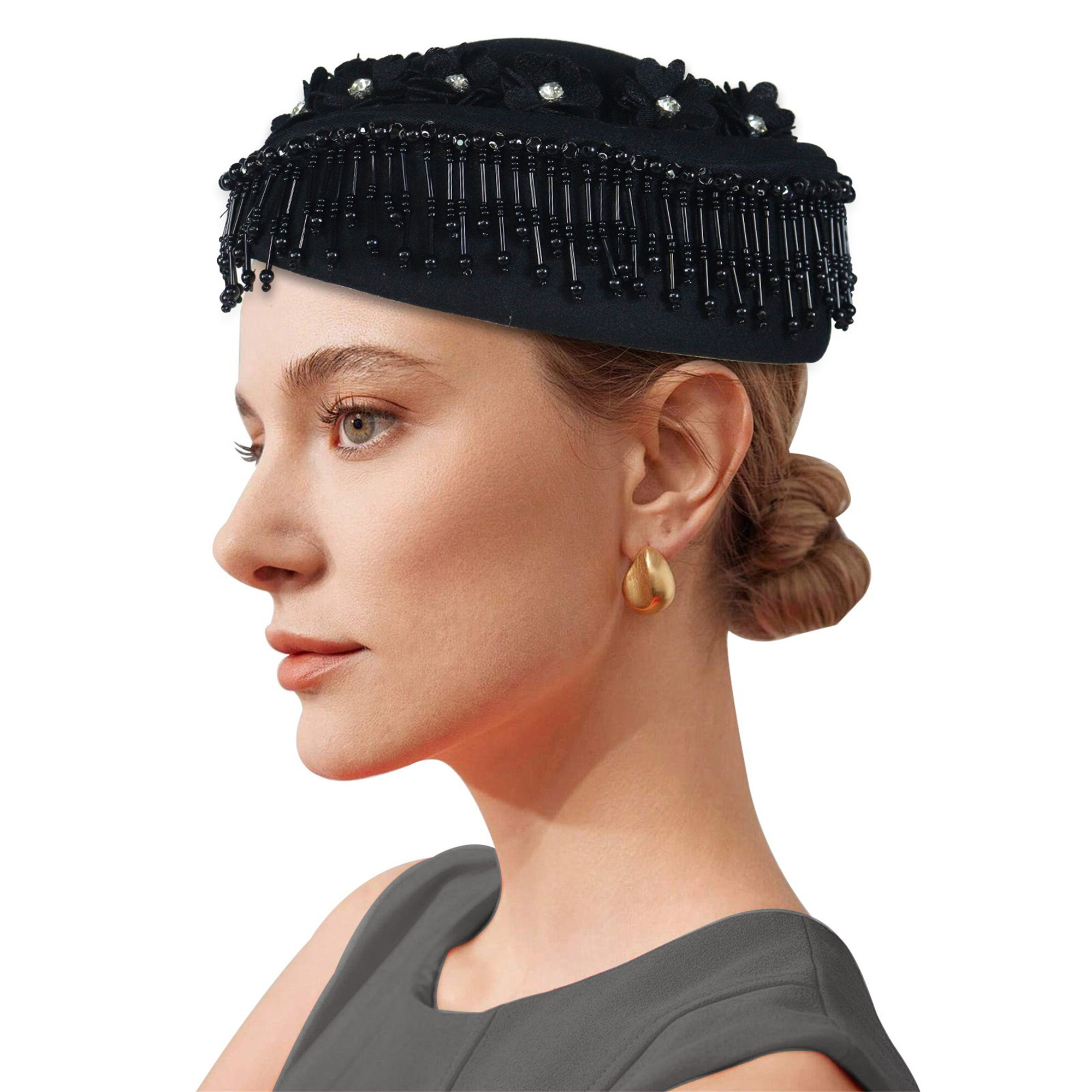 women vintage church hats elegant bead tassel flower felt - Temu display picture 1