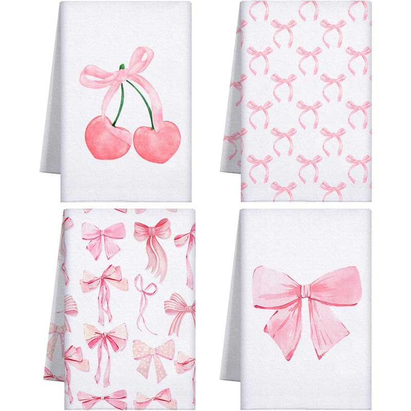 

4pcs Chic & Cherry Kitchen Towels - 18x26" Soft Polyester, & Machine Washable Hand Towels With Trendy Coquette Designs For Kitchen & Bathroom Decor, Ideal For Spring & , Dish Towels