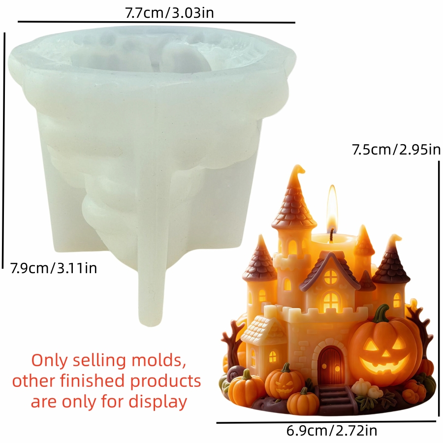 TEMU Candle Mold Halloween Pumpkin Pointed Castle Candle Resin Silicone Mold Withered Tree Retro Haunted House Castle Candle Concrete Cement Silicone