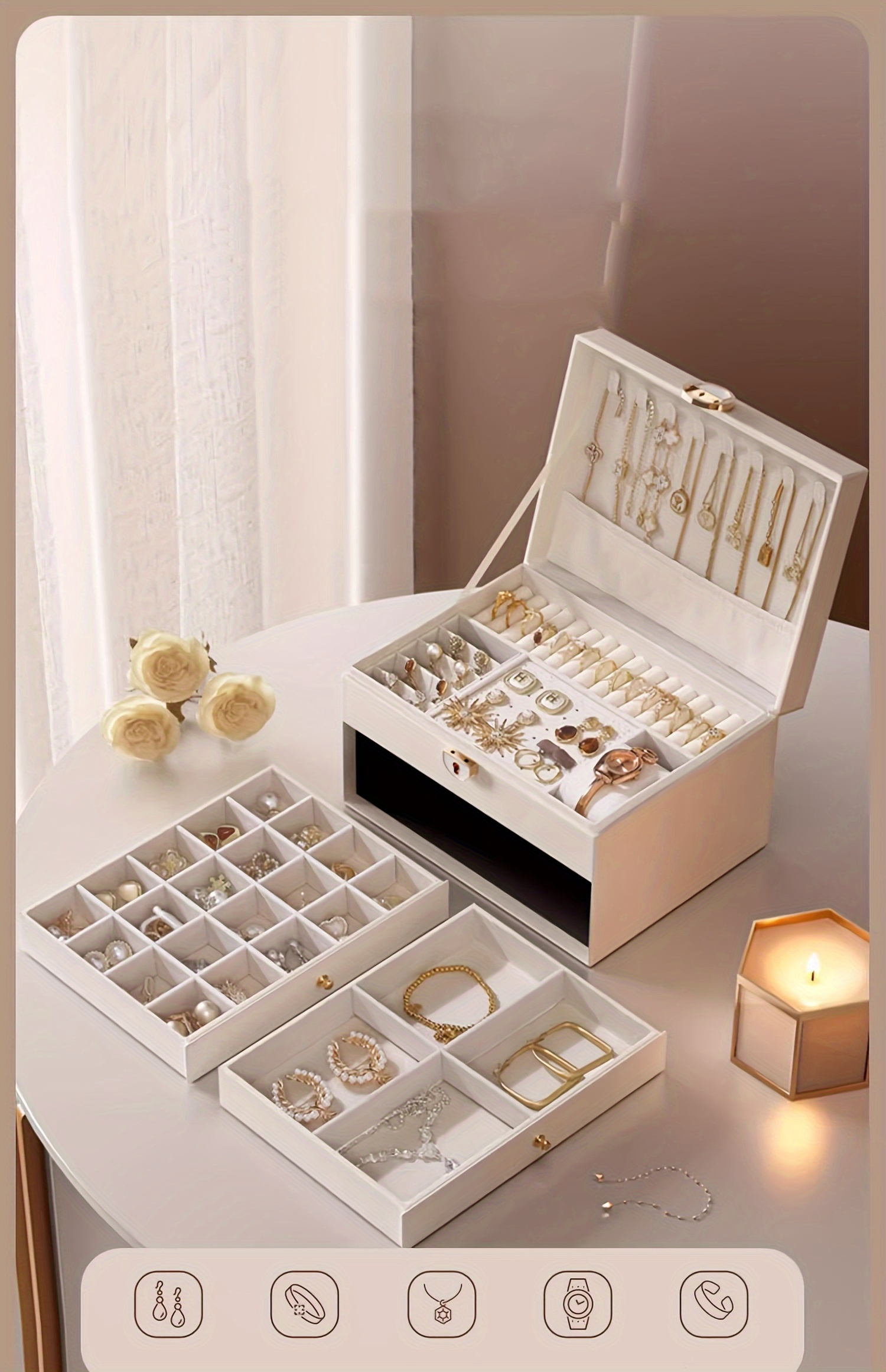 Estuche de Almacenamiento para Joyas de Cuero Sintético con Estilo, Caja de Joyería con Tres Cajones, Elegante Caja de Exhibición para Escritorio, Múltiples Compartimentos para Collares, Pendientes, Anillos y Pulseras, Cierre de Botón, Forro de Tela