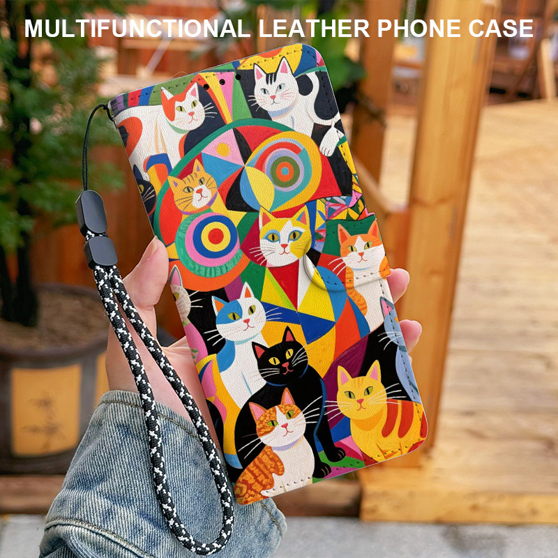 TEMU Phone Case - Cute Cat Pattern Fashion Flip Folding Wallet Phone Case, With Card Slots, Magnetic Closure And Lanyard, Suitable For Galaxy A73
