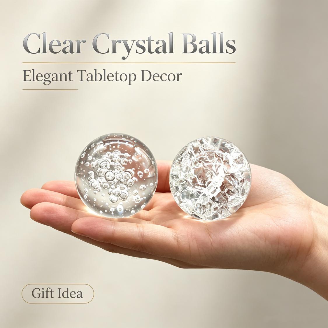TEMU 2pcs Clear Crystal Ball Decor Set, Crackle And Bubble Texture With Transparent Round Crystal Balls, Sparkling Light , Elegant Tabletop Display,