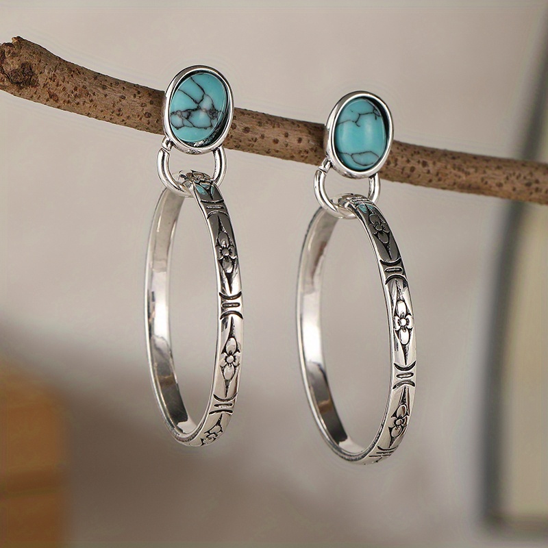 Image of Vintage Metal Circle With Green Stone Earrings, Bohemian Style Antique Silvery Hollow Round Drop Earrings For Women