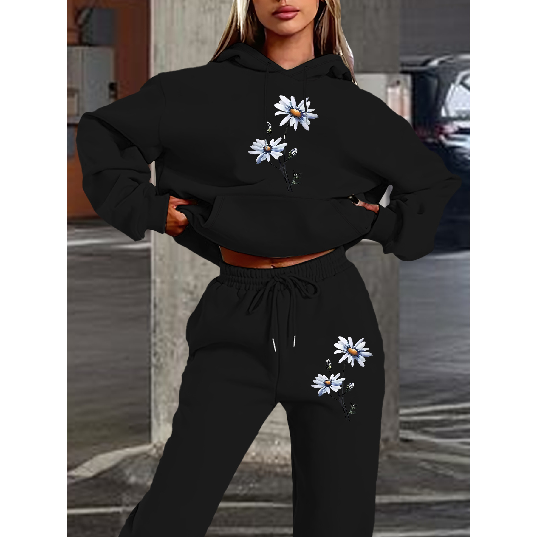 

1 Set Women's Casual Floral Printed Polyester Sweatshirt And Sweatpants With Pockets, Long Sleeve Pullover Hooded Jumpsuit For Autumn/winter