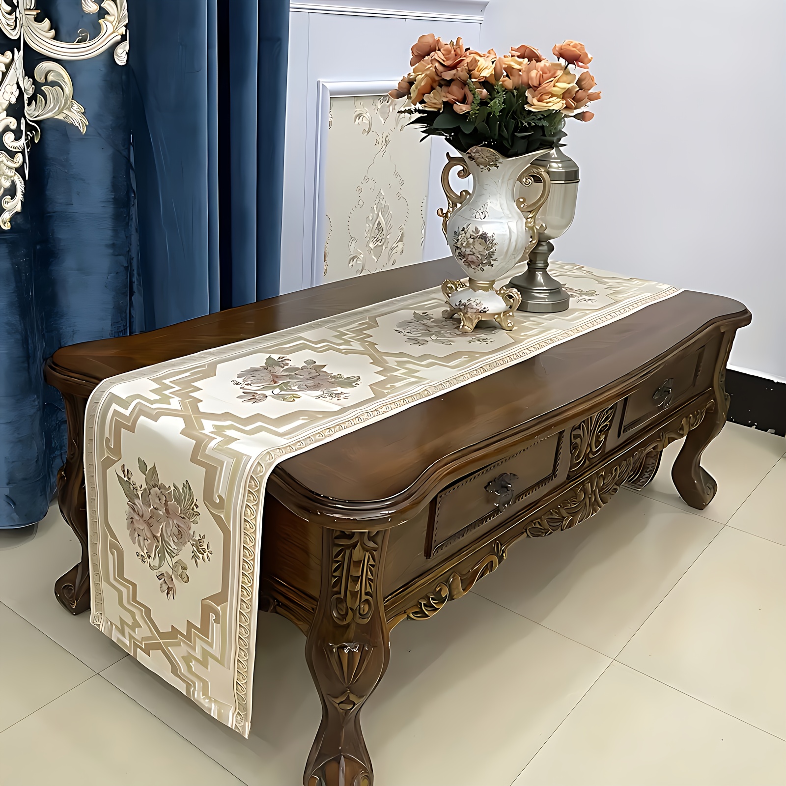 TEMU 1pc Luxury European Tablecloth - Elegant Floral And Geometric Pattern In Beige - Soft Pastel - Easy- - Rectangular For Dining Table, Tv Stand,