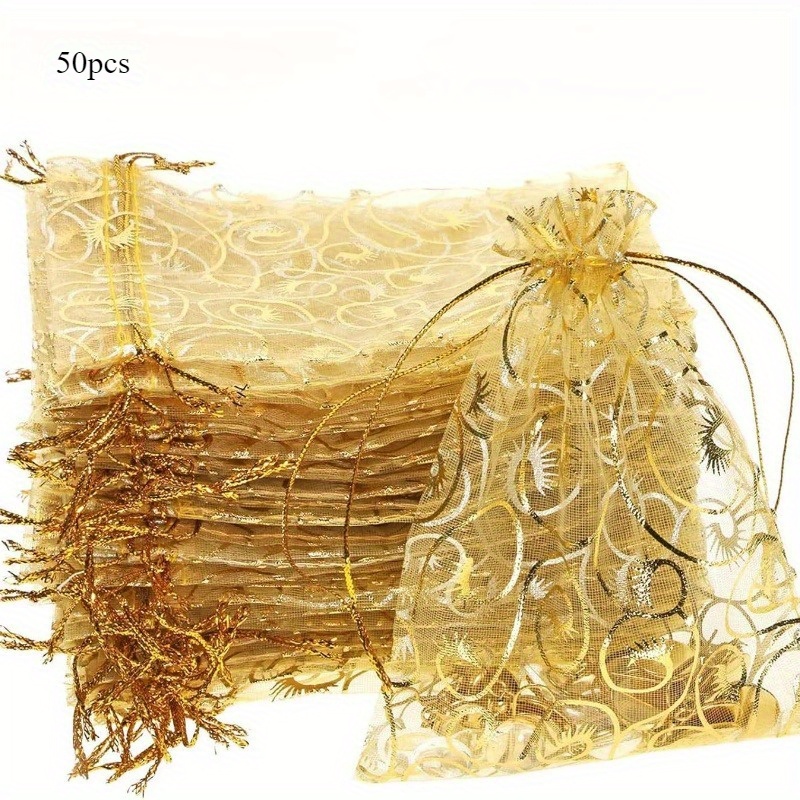 [organza Drawstring Bags] 50pcs Organza Drawstring Bags - Chiffon Pouches - Decorative Ribbon For Wedding, Birthday Party Favors, Gift Wrapping And Holiday Themed Multipurpose Fabric Bags