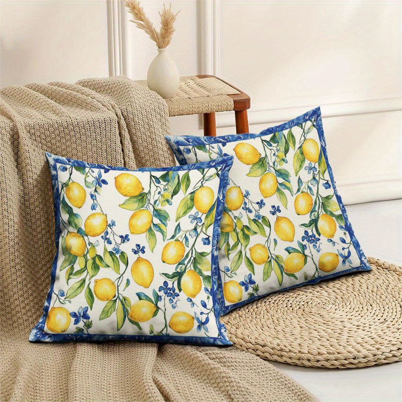 TEMU 2pcs Vibrant Lemons & Blue Short Plush Throw Pillow Covers, 18x18 Inch - Yellow Lemons With Green Leaves & Blue Flowers On Cream Background,