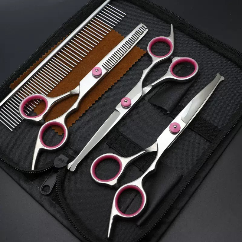 TEMU 6-in-1 Professional Dog Beauty Scissors Knife Set, Including Curved Scissors And Comb-stainless Steel, Haircut Kit For Right-handed Dogs And Cats