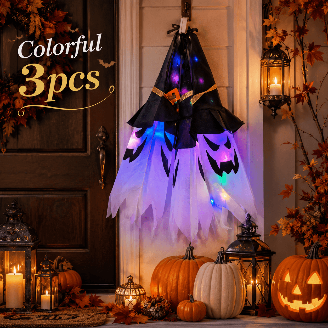 Image of 3pcs Halloween Led Hanging Decorations, Wizard Hat And Ghost Lantern Set, Battery-powered Hanging Lights For Yard, Trees, Porch, Windows, Parties, And Halloween Decor