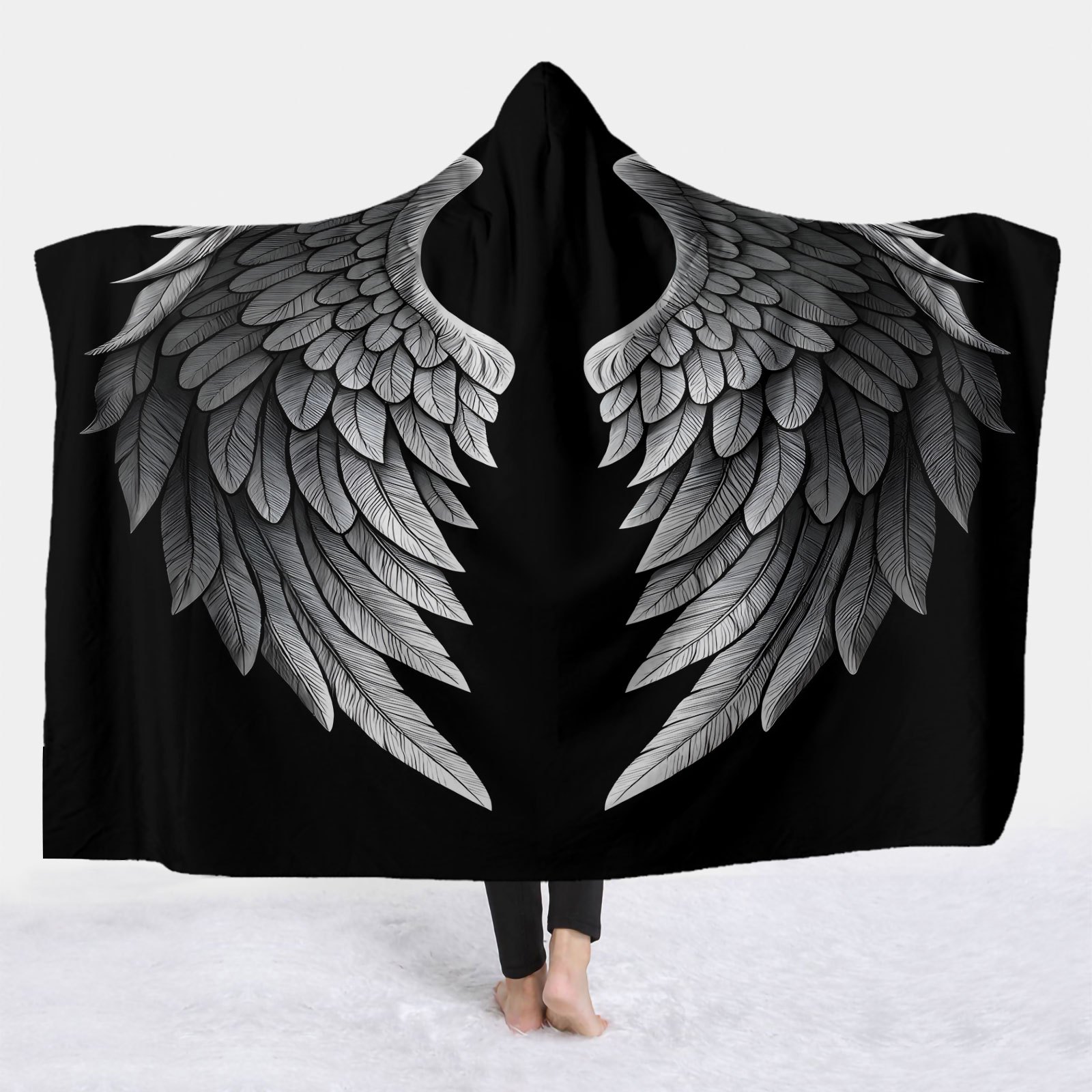 TEMU 1pc Black And White Winged Beauty Pattern Hooded Blanket - Ultra Soft - Office Nap Blanket, Blanket, Travel Blanket - Suitable For