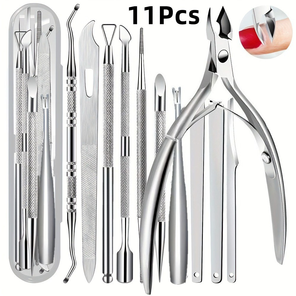 TEMU Kit professionale da 11 pezzi per manicure e pedicure in acciaio inossidabile con forbicine per cuticole, tagliaunghie, spingipelle, lima per