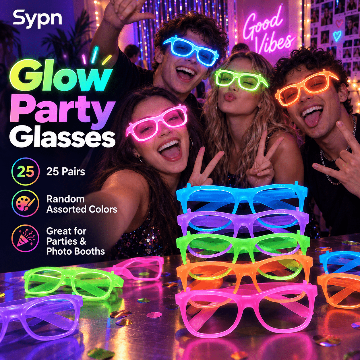 TEMU Christmas And Halloween 25pcs Glow In The Dark Party Glasses, Random Assorted Neon Colors, Retro Frames For Adults, Bulk Party Favors And Photo