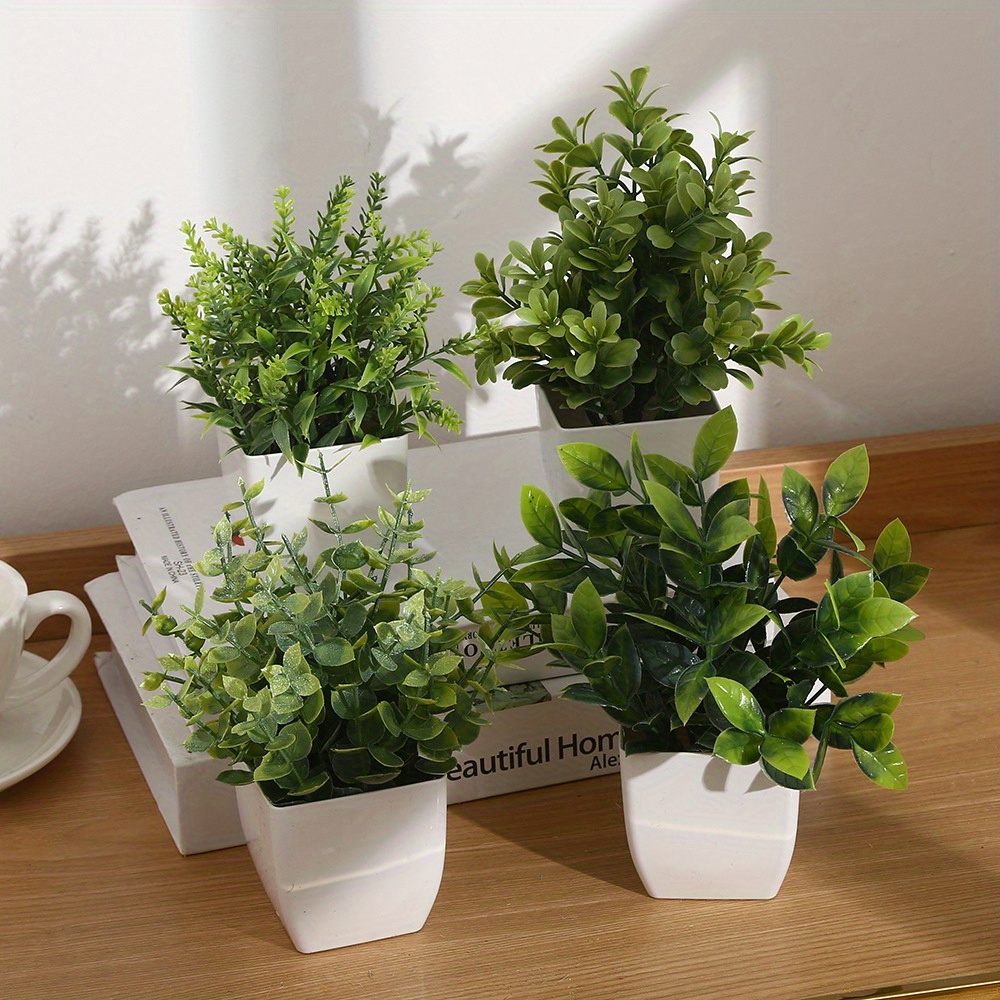 Plantes Artificielles Miniatures - Lot De 4 Avec Pots Noirs | Décoration Intérieure Maison, Bureau, Salle De Bain, Sans Entretien