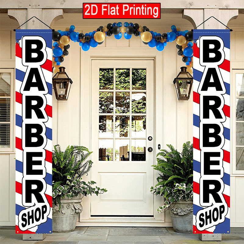TEMU 2d Flat - 2d Flat - 12x70.8 Inches 2d Flat 2pcs Barber Theme Porch Banner Featuring Barber Shop Text, Perfect For Outdoor Restaurant And Event