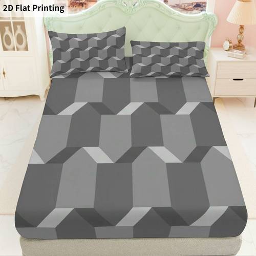 geometric striped 3d grey fitted sheet three piece set 1 x fitted sheet and 2 x pillowcases modern minimalist theme grey geometric print bedding mattress protector soft breathable