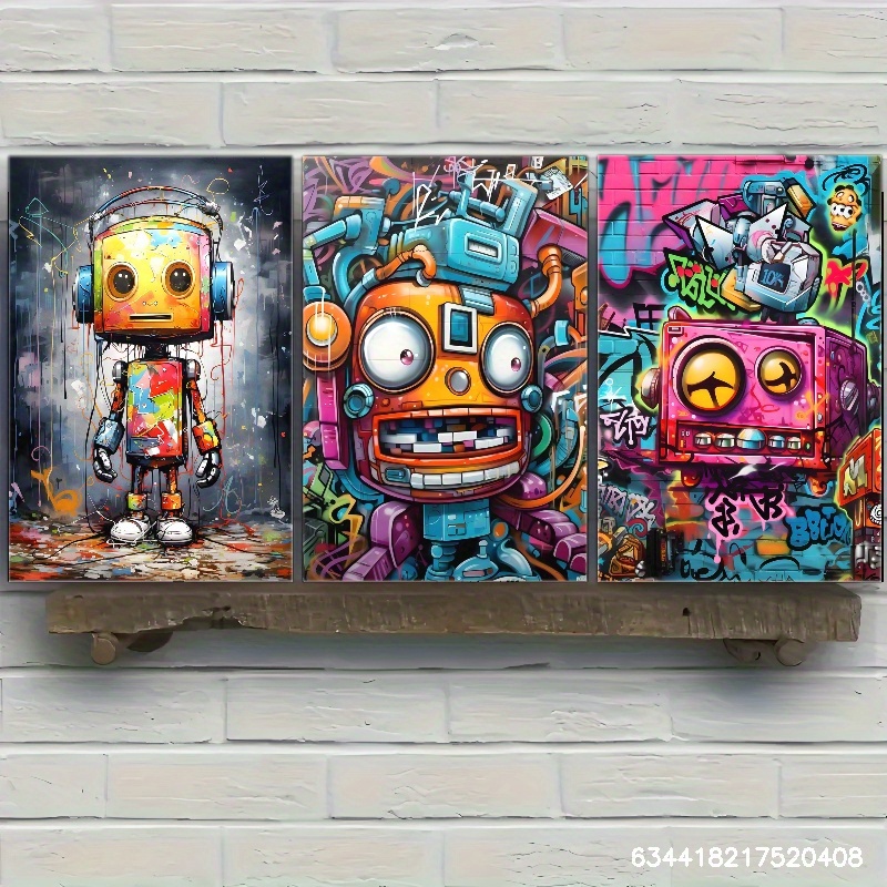 3pcs Framed Canvas Art - Vibrant Graffiti Robot & Space-Themed Wall Decor with Pine Wood Frame, Perfect for Living Room, Bedroom, Cafe, or Bar, Indoor/Outdoor Use, Indoor Wall Decor | Vibrant Wall Art | Wrapped Canvas Frame, Wall Art Decor
