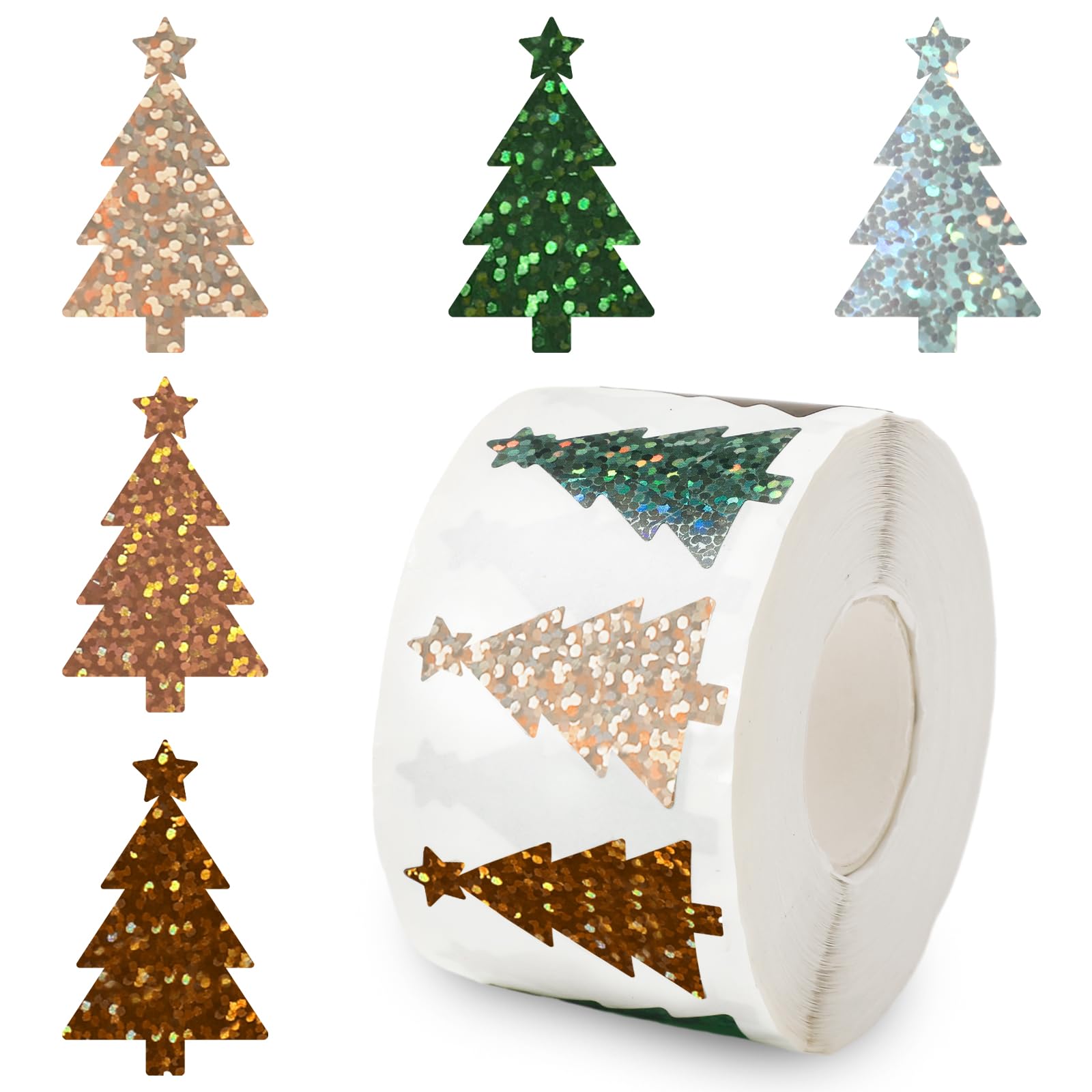 Image of 510pcs Christmas Tree Holographic Stickers 5 Colors Green Brown Xmas Boho Tree Self Adhesive Label Decals For Home Party Crafts Envelope Journal Supplies