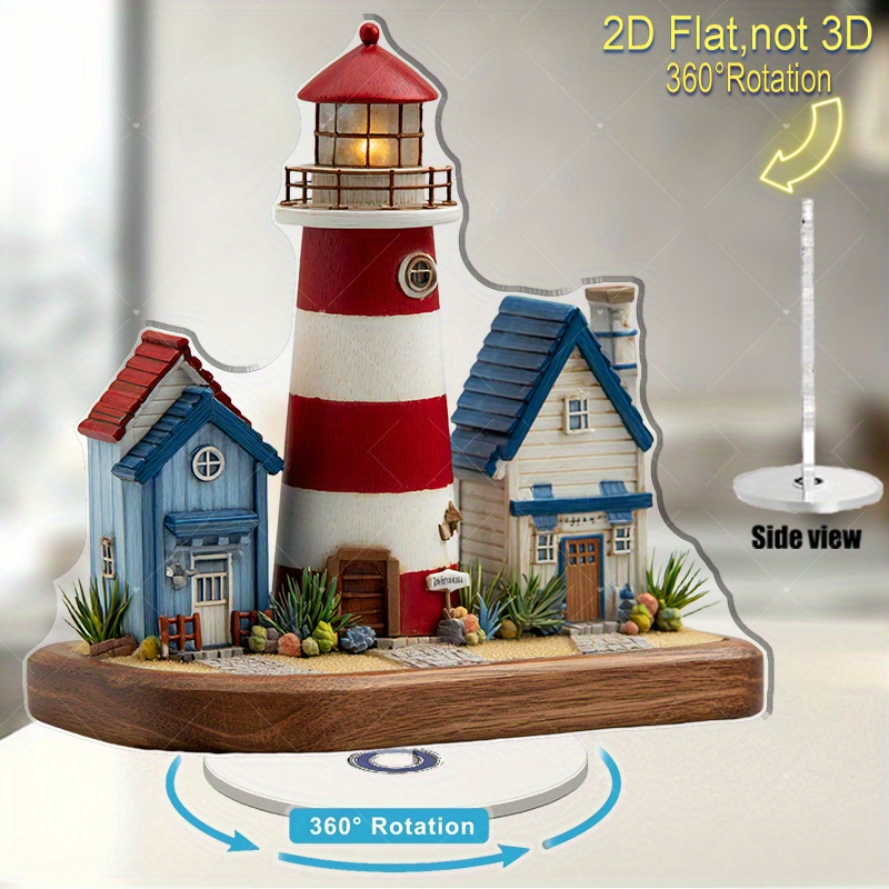 E-shop 2D Flach, Rotierender - Rot-Weiß Gestreiftes Acryl mit Unregelmäßiger Leuchtturmform, Retro Strandhaus-Deko für Schreibtisch/Tisch - Nicht Laser