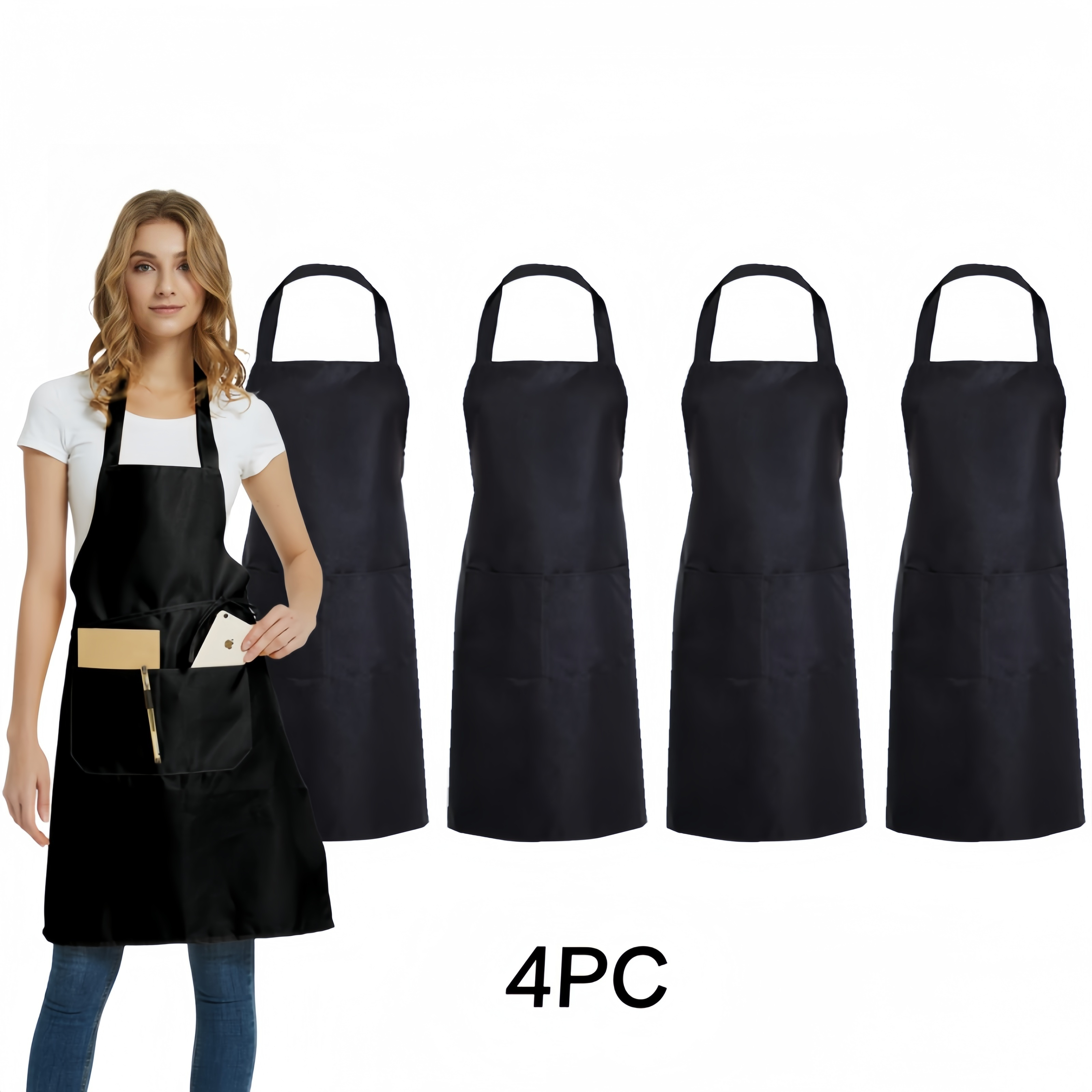 4pcs Solid Color Aprons, Durable Polyester Fiber, With Pockets, Suitable For Cooking, Grilling, And Salon Use